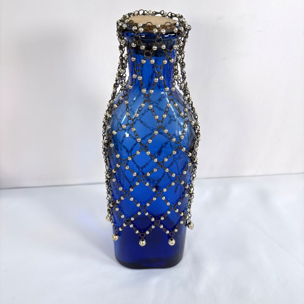 Vintage Bottle Cobalt Blue Recycled Glass Cork Decorative Chain Net Made Spain - Picture 2 of 8